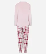 Conjunto de pijama largo de fleece, compuesto por una blusa de manga larga con cuello redondo y bordado "love", y un pantalón con cintura elástica, puños ajustados y estampado de cuadros.