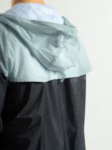 Campera deportiva de nylon impermeable diseñada para protección contra la lluvia, con capucha ajustable y cierre frontal.