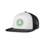 Gorro de camionero Etnies con visera plana negra, paneles frontales estampados con imágenes de la revista Dig BMX y paneles traseros de malla negra.