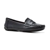 Mocasines negros de cuero con plantilla de cuero y detalle de costuras en contraste.