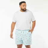 Short de baño celeste con rayas verticales blancas y estampado de pulpos rojos.