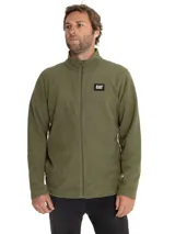 Campera polar verde militar con cierre frontal completo, cuello alto y logo de Caterpillar bordado en el pecho.