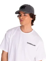 Gorro gris oscuro con logo CAT bordado en negro en el frente.