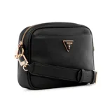 Bandolera Guess Meridian chica color negro, con correa extraíble de ecocuero a tono y logo triangular metálico dorado en el frente.
