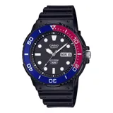 Reloj Casio modelo MRW230H-1E2VDF, con caja y correa de resina negra, esfera negra de 45mm, bisel bicolor azul y rojo, y resistencia al agua de 10 ATM.