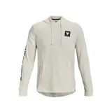 Buzo Under Armour de hombre color gris claro, con capucha y cordones ajustables. Logo de Project Rock en el pecho y estampado con la leyenda "Blood, Sweat, Respect" en la manga izquierda.