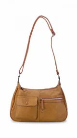 Cartera bandolera color marrón con correa ajustable, dos compartimentos principales con cierre, un bolsillo frontal con cierre y un bolsillo frontal con solapa y botón.