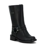 Bota de dama de caña media en color negro, con hebilla decorativa y taco bajo.
