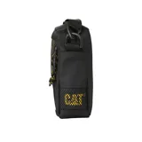 Bandolera negra Caterpillar con correa ajustable, bolsillo frontal con cierre y logo de la marca en amarillo.