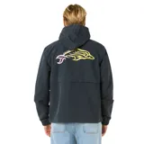 Campera negra con capucha, cierre frontal y logo estampado en el pecho.