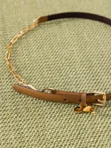 Cinturón marrón de cuero vacuno con cadena metálica dorada y aplique Groovy en el pasador.