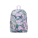 Mochila Jansport SuperBreak Plus con estampado de flores pixeladas en tonos lila, verde y naranja. Cuenta con un compartimento principal amplio, un bolsillo frontal con organizador, un bolsillo lateral para botella de agua y un bolsillo interno acolchado para laptop de 15 pulgadas.