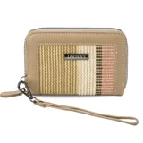 Billetera mediana azul con diseño de telar en la parte frontal, cierre alrededor, múltiples compartimentos interiores para tarjetas y billetes, monedero con cierre y correa de mano desmontable.