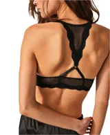 Bralette de malla transparente color celeste con ribete de encaje y espalda cruzada.