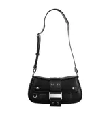 Cartera de hombro negra de cuero sintético, con solapa frontal decorada con una hebilla rectangular metálica plateada y detalles de tachas redondas. Posee correa ajustable para llevar al hombro.