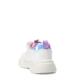Zapatillas deportivas blancas con detalles en lila, ajuste con cordones elásticos y tira de velcro con un corazón.