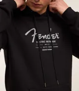 Buzo hoodie negro de algodón con felpa, con cordón ajustable, manga larga, bolsillo canguro, puños y barras ajustados y estampa lettering delantero con el logo de Fender.
