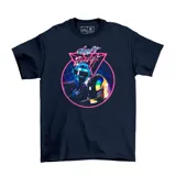 Remera negra con estampado de Daft Punk con estética retro y tipografía estilizada en colores neón.