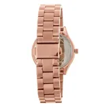 Reloj Michael Kors modelo Slim Runway, con caja y pulsera de acero inoxidable color oro rosa.