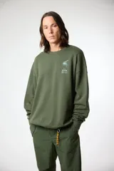 Buzo de cuello redondo color verde oliva, corte holgado, con un pequeño estampado gráfico en el pecho que representa un tazón de ramen.