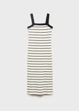 Vestido midi de algodón a rayas horizontales blancas y negras, con tirantes anchos y escote recto. Presenta una abertura lateral en el ruedo.