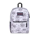 Mochila Jansport modelo Cross Town de 26 litros, color blanco con estampado de dibujos en negro. Incluye logo de la marca en el frente, bolsillo frontal con cierre, un compartimento principal con cierre y un bolsillo lateral de malla.