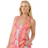 Vestido de playa Rip Curl Keepsakes Cover Up, color rosa con estampado de flores en tonos celeste y amarillo.