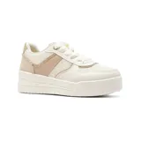 Championes urbanos Korium Mia, color blanco con detalles en beige y dorado, plataforma plana y cordones blancos.