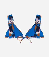Top de bikini triangular fruncido con estampado floral colorido, breteles anchos paralelos y lazo en la espalda. Cuenta con rellenos removibles.
