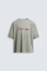 Camiseta gris de punto con cuello redondo y manga corta. Estampado combinado a contraste en delantero y espalda con la frase "Planetary Connection" y un diseño abstracto en rojo.