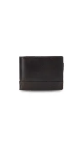 Billetera de cuero color marrón oscuro con interior con visor, tarjeteros y doble compartimento para billetes.