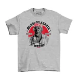 Remera gris con estampado de Mr. Miyagi y el logo de Miyagi-Do Karate.