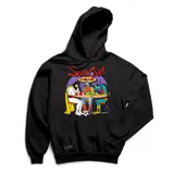 Canguro negro con capucha y cordones ajustables. Estampado frontal con personajes de dibujos animados y logo de la marca en la parte inferior.