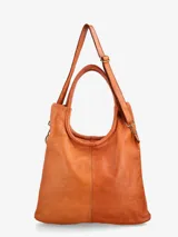 Cartera de cuero color marrón con asa corta y correa larga.