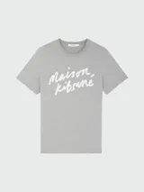 Remera de algodón gris con estampado frontal de Maison Kitsuné en blanco.