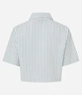 Camisa corta de sarga a rayas verticales celestes y blancas, con cuello inglés, mangas cortas y abotonadura frontal.