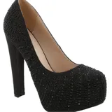 Zapato de fiesta negro con plataforma y taco aguja, cubierto de strass.
