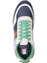 Zapatillas Tommy Jeans de cuero sintético color azul marino, gris y blanco, con cordones verdes y suela gruesa dentada en rosa y blanco.