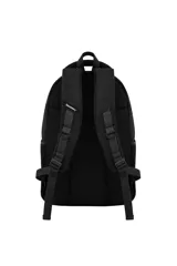 Mochila negra con diseño moderno y minimalista, con el logo vertical de la marca "Discovery" en el frente. Presenta correas acolchadas y asa superior.