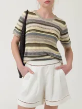 Remera de calado rayado con cuello redondo y manga corta. Confeccionada en algodón orgánico con lurex.