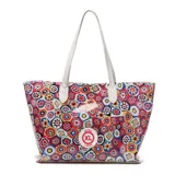 Bolso tote extra grande con estampado multicolor y asas de cuero sintético blanco.