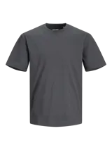 Camiseta gris oscuro de manga corta y cuello redondo, corte relajado.