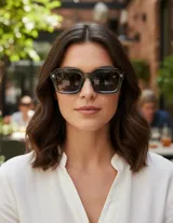 Lentes de sol cuadrados con armazón verde oliva y lentes polarizadas verde oscuro.