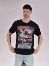Remera negra de algodón con estampado rectangular con palmeras y texto "Beach Festival Summer Paradise".