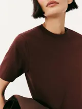 Remera color marrón claro, de corte recto, con cuello redondo y mangas cortas.