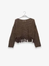 Sweater tejido italiano de algodón con punto abierto y sutil brillo de lúrex, con detalles de flecos.