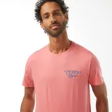 Remera rosa de manga corta con cuello redondo y estampado con la frase 'Puerto Rico' en azul.