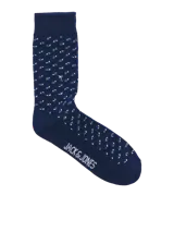 Medias azules con diseño de cruces negras y logo de la marca Jack & Jones en blanco.
