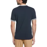 Remera azul marino de piqué de algodón orgánico y elastano, con cuello redondo y mangas cortas con ribete doble en blanco. Logo bordado en el pecho.