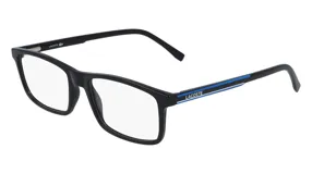 Armazón para lentes de acetato negro, marca Lacoste, con forma rectangular y detalles en azul en las patillas.